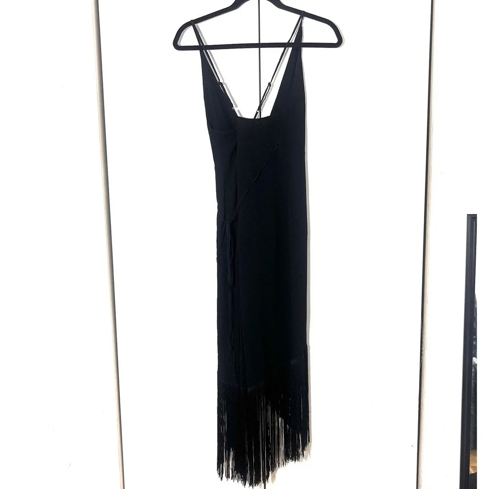 Reformation Midi Wrap Dress Size XS Black Fringe V-Neck Strappy Flapper Cocktail